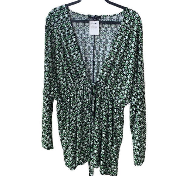 NWT 💚🖤🤍 Lily Geometric Retro Patterned Long Open Topper, Elastic Waist Tie 2X - Picture 1 of 11